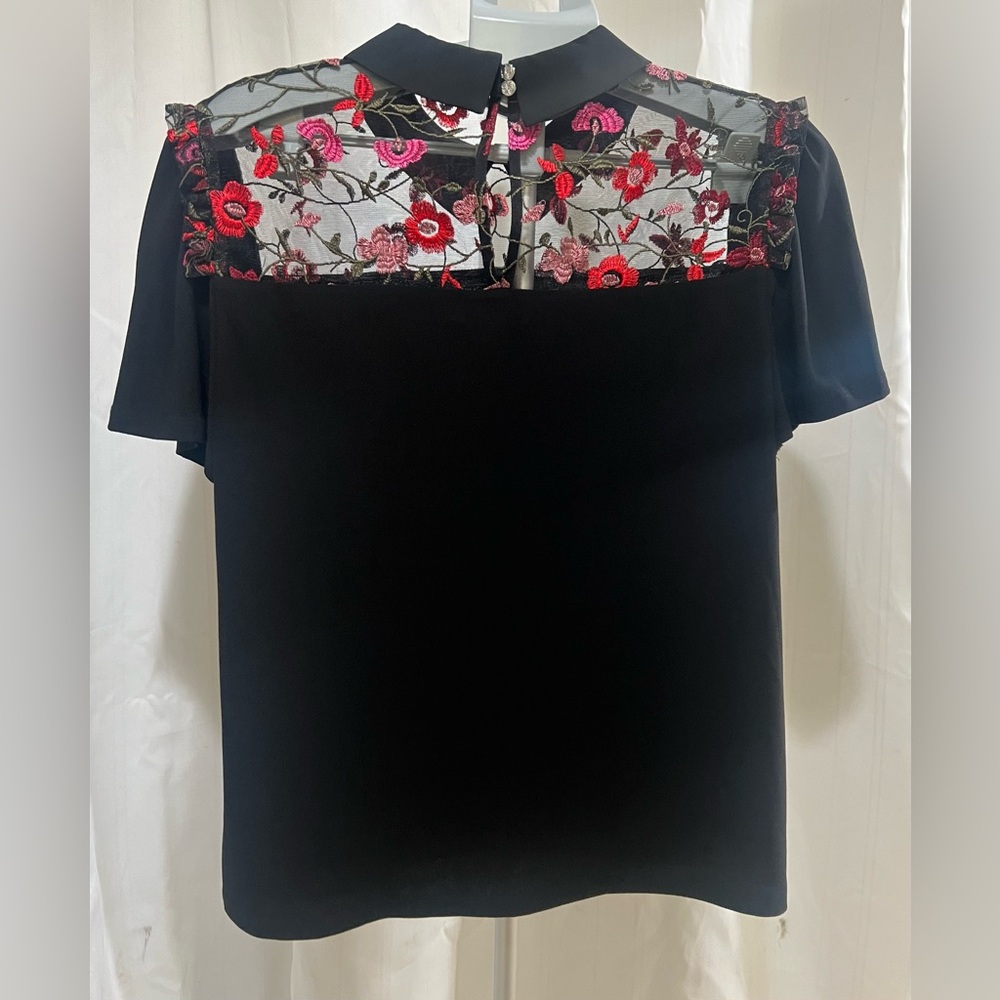 CeCe Black Blouse with Red Floral Lace - Picture 2 of 3